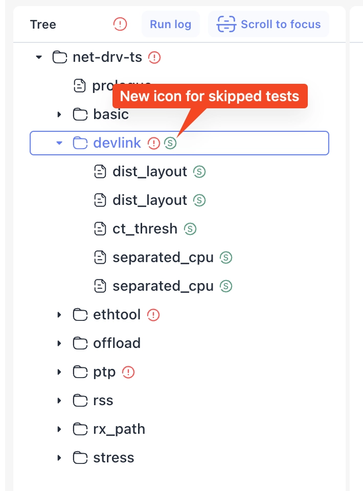 Log page tree skipped tests