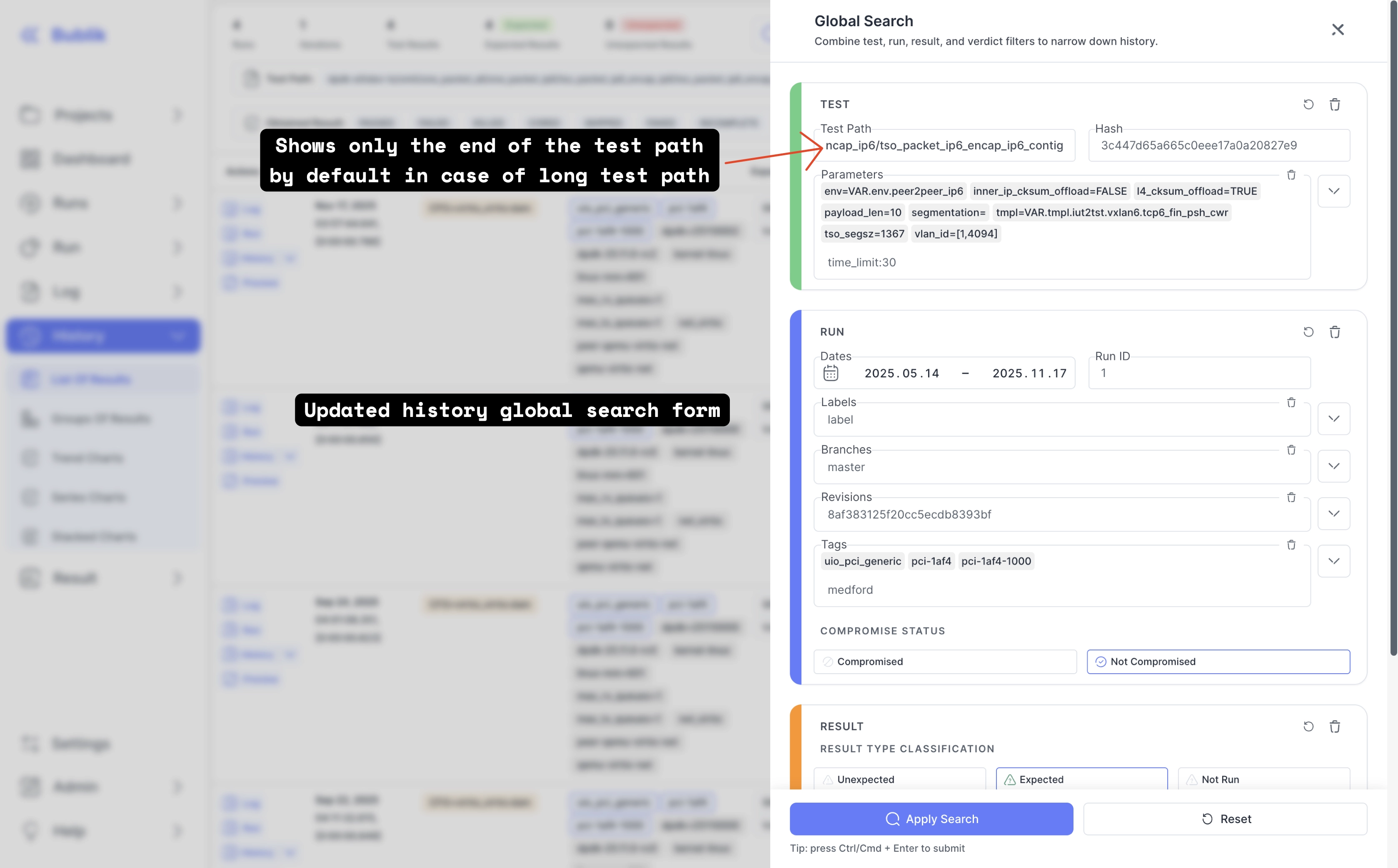 Updated history global search form